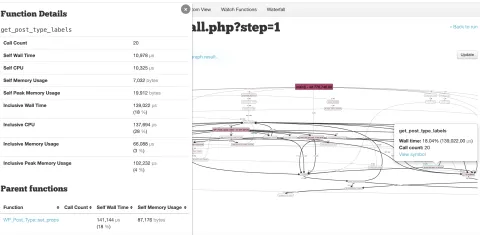 XHGui screenshot, showing a debugging session of a Drupal site